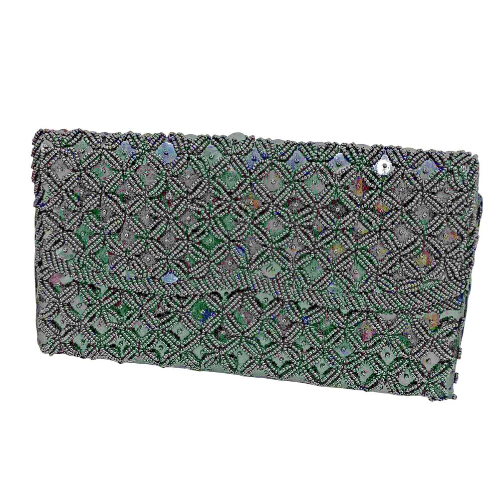 Vintage Mid Century Black Satin Beads Sequins Envelop Clutch Purse Hong Kong